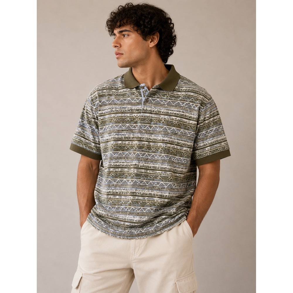 Elliott Bay Mens Large Vintage Geometric Tribal Stripe Cotton Polo Shirt |M1